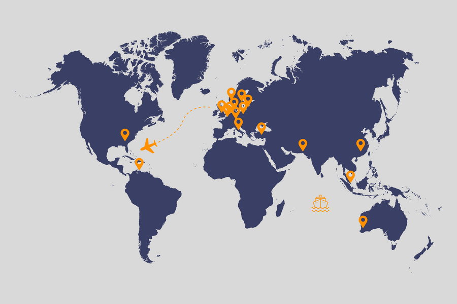 Map of the world with pins locating customers and suppliers for International Procurement Service.