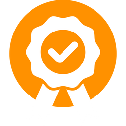 Certification logo in orange circle.