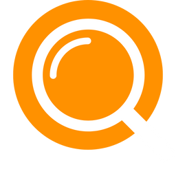 Magnifying glass in orange circle.