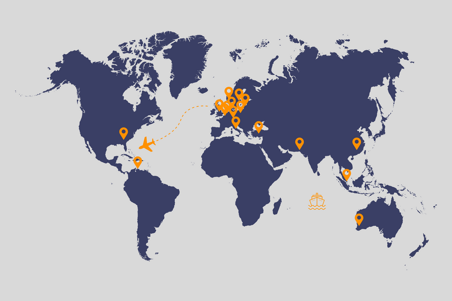 Map of the world locating customers and suppliers for International Procurement Service.