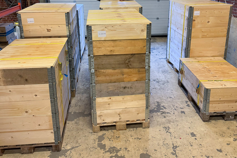 Pallets ready for shipment in warehouse.