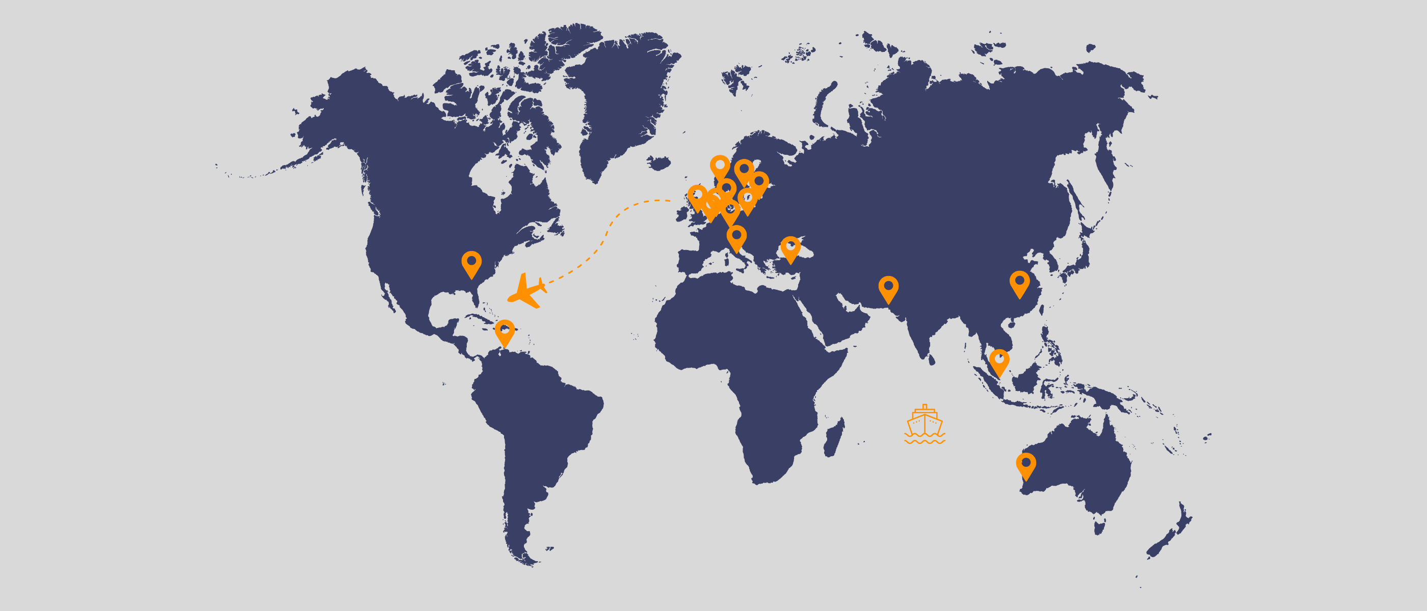 Map of the world with pins locating customers and suppliers for International Procurement Service.
