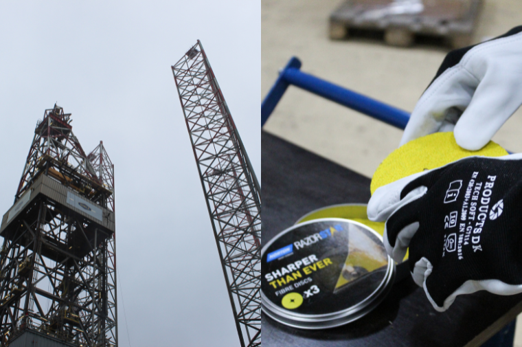 Collage of images showing a drilling rig and working gloves.