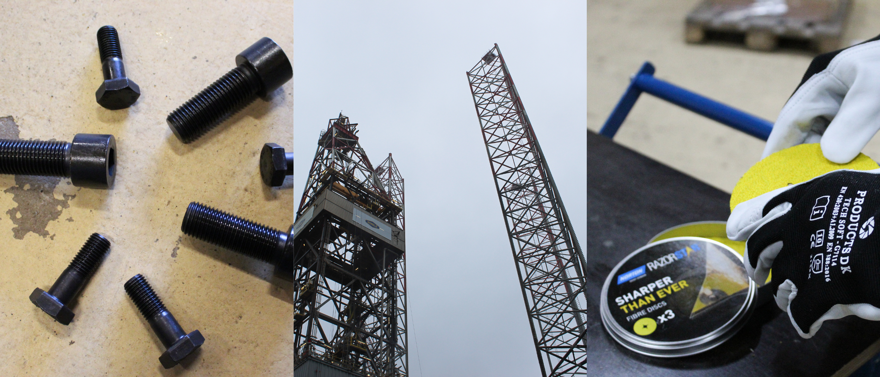 Collage of images showing bolts, a drilling rig, and working gloves.